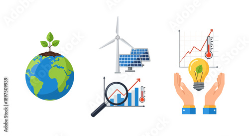 Environmental Sustainability and Renewable Energy Icon Set Featuring Solar Panels, Wind Turbine, Earth Globe, and Green Power Concepts