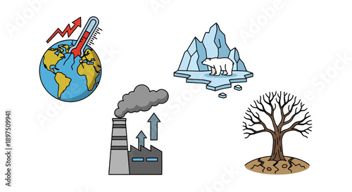 Climate Change Global Warming Icons Set. Vector illustration depicting rising temperature, industrial pollution emissions, polar bear habitat loss on melting ice, and drought/deforestation.