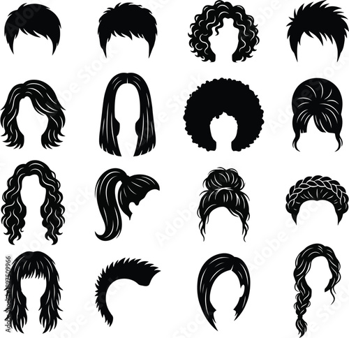 Collection of sixteen diverse black hair silhouette icons representing various hairstyles for women and men isolated on white