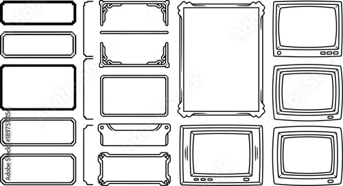 Collection of vintage television outlines and decorative rectangular frame borders isolated on a transparent background for graphic design use