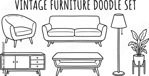Handdrawn doodle illustration of a vintage furniture set including chairs couch cabinet coffee table lamp and potted plant isolated on transparent background