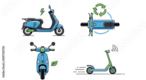 Electric Micromobility Icons Set. Vector Illustration of E-Scooter, Scooter Sharing, and Sustainable Urban Transport.