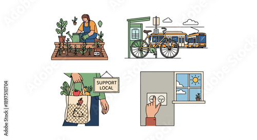Sustainable Lifestyle Choices Vector Set. Eco-friendly habits including urban gardening, cycling and public transport, supporting local businesses with reusable bags, and saving electrical energy.