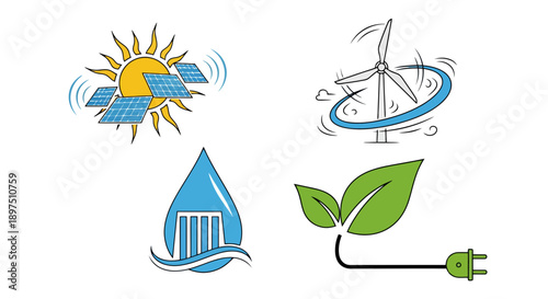 Set of Renewable Energy Source Icons: Solar, Wind, Hydro, and Eco Green Power Symbols. Sustainable electricity generation concept isolated vector illustration.