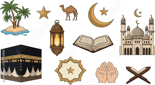 Comprehensive Islamic Religious Illustration Set Featuring the Kaaba Holy Quran Mosque Architecture Ramadan Lantern Camel and Praying Hands in Detailed Color Style