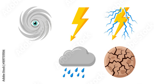 Set of Natural Disaster and Extreme Weather Icons: Hurricane, Lightning, Rain Cloud, and Drought Cracked Earth Symbols. Climate Change and Environmental Crisis Vector Collection.