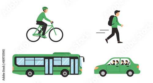 Modes of Transport Comparison Set: Cycling, Walking, Public Bus, and Carpooling. Sustainable and Eco-friendly Commuting Options Flat Vector Illustration Isolated on White.