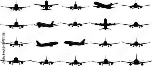 Airplane silhouette pattern background featuring multiple jet aircraft views aviation travel transportation seamless black vector illustration design