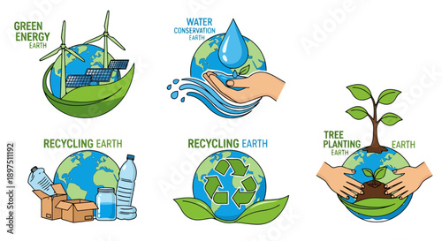 Eco-friendly Conservation Icons Set: Green Energy, Water Conservation, Recycling, and Tree Planting Graphics on Earth for Environmental Protection and Sustainability