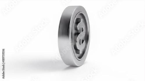 Silver Dollar Coin with Dollar Sign Symbol on White Background.