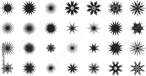 A collection of diverse black starburst and sunburst graphic elements with varying spiky designs on a white background.