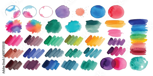 A vibrant collection of watercolor swatches, splatters, and strokes in various hues and textures