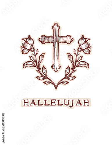 Easter hallelujah holy week he is risen cross christian religious card illustration. Hand drawn season greeting print vintage blessings. Isolated editable vector black white cross flower wreath motif 