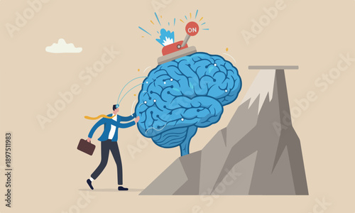 Turn on brain, mountain peak emotional intelligence, mindset, wisdom and knowledge concept, smart businessman genius turn on switch on his own brain