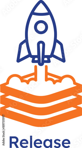 Professional business release icon featuring a blue rocket launching from orange platform layers symbolizing startup takeoff, product launch, project deployment, and rapid corporate growth.