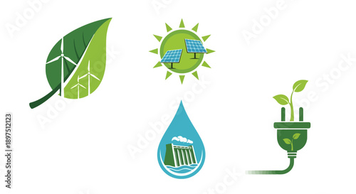 Renewable Energy Icons Set: Wind, Solar, Hydro Power, and Eco Electric Plug Symbols representing Sustainable Green Electricity Generation.