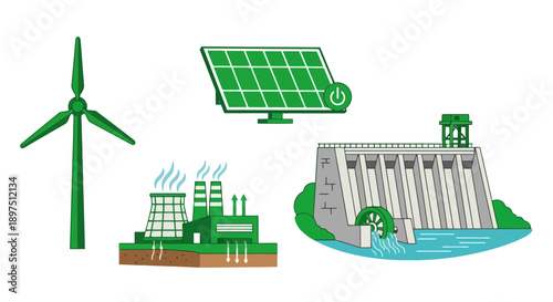 Renewable and Conventional Energy Sources Illustration Set: Wind Turbine, Solar Panel, Geothermal Power Plant, and Hydroelectric Dam Icons for Power Generation Concept