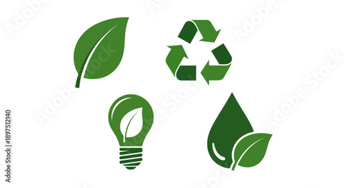 Green Eco and Environment Icon Set: Leaf, Recycling Symbol, Sustainable Energy Lightbulb, and Water Drop.