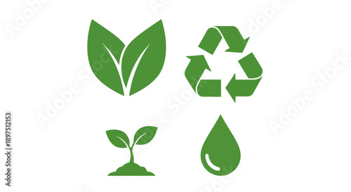 Eco-friendly green icons set including leaves, recycling symbol, sprouting plant, and water drop, representing sustainability and environmental protection vector illustration.