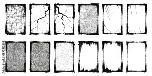 A versatile collection of distressed rectangular grunge frames and texture overlays in black and white