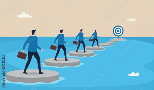 Stepping stones success progress milest pathway target,overcome difficulty development stages concept, confidence businessman stepping stones across ocean
