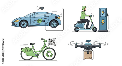 Sustainable transportation and future logistics concept set: Electric vehicle charging, e-scooter, shared bike with QR code, and solar-powered delivery drone illustration.