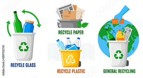 Recycling Bins and Waste Segregation Concept Vector Illustration: Separate containers for glass, paper, plastic, and general waste for environmental sustainability and proper waste management.
