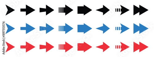 Collection of diverse directional arrows in black, blue, and red for navigation and progress icons