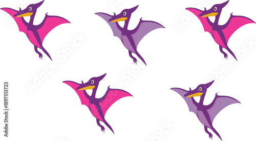 Funny pterosaur cartoon characters in different colors for children animal illustration set