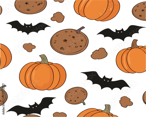Cute spooky Halloween background pattern featuring pumpkins bats and sweet cookies vector design