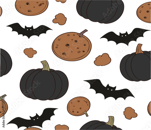 Trick or treat Halloween seamless texture with pumpkins flying bats and dessert elements