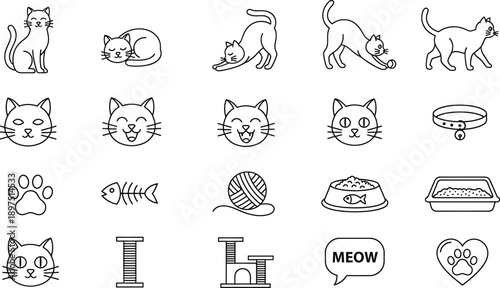Black line art cat icons and illustrations, playful and cute, with various expressions and objects