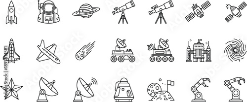 Space exploration icons with rockets, satellites, and telescopes in minimalist line art style for educational or corporate use
