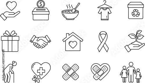 Black line icons for charity, healthcare, and social causes on white background, minimalist style with simple shapes