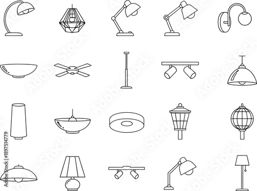 Various lamps and lighting fixtures in minimalist line art style, modern interior design elements