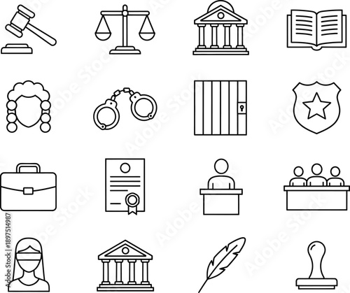 Minimalist line icons of law and justice symbols, including gavel, scales, and prison, in a clean and simple style with black lines on white background