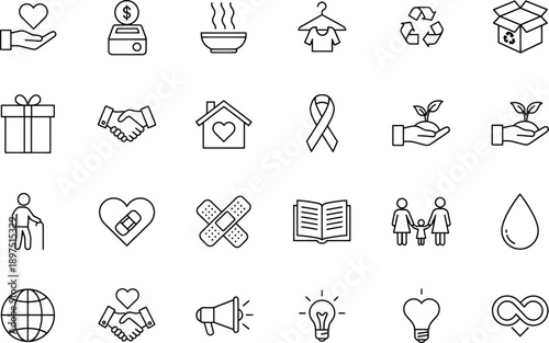 Minimalist line icons for charity and social causes, including hands holding hearts and plants, on a clean white background with simple illustrations