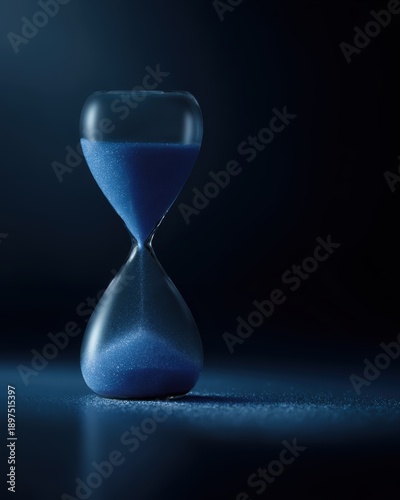 Conceptual hourglass with blue sand representing life and limited time dramatic symbolic lighting