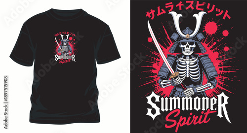 Samurai skeleton t shirt design, summoner spirit, Japanese warrior