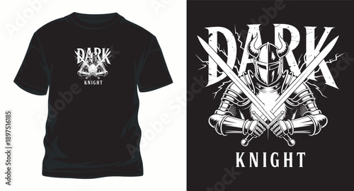 Dark knight t-shirt design concept, medieval warrior in armor with crossed swords vector art