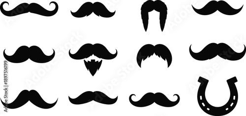 Mustache beard silhouette icon set, vintage hipster facial hair collection, barber style elements, black isolated vector illustration pack, design, graphic