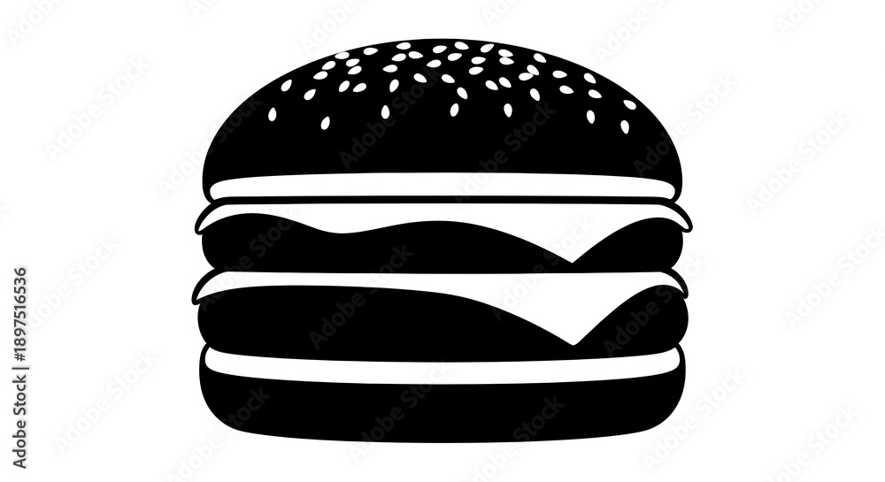 Fototapeta premium Black and white illustration of a double cheeseburger with sesame seed bun layered with cheese and beef patties on a white background