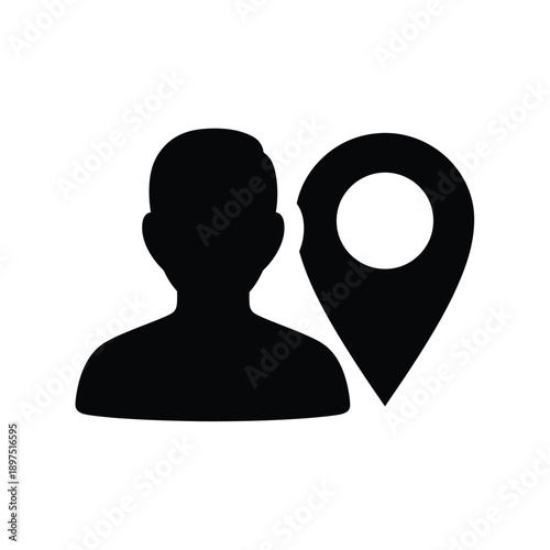 A black silhouette of a persons head and shoulders next to a location pin icon