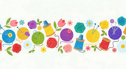 A colorful, seamless border of yarn balls, spools, buttons, needles and flowers