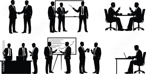 Business people silhouette icon set, corporate meeting presentation discussion scenes, teamwork negotiation leadership concepts, black isolated vector illustration design pack