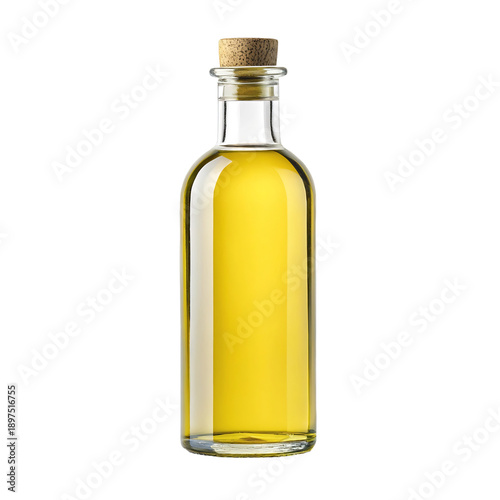 Olive oil bottle with cork, Transparent glass flask filled with golden cooking liquid