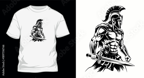 Spartan warrior gladiator with sword and helmet vector t-shirt illustration