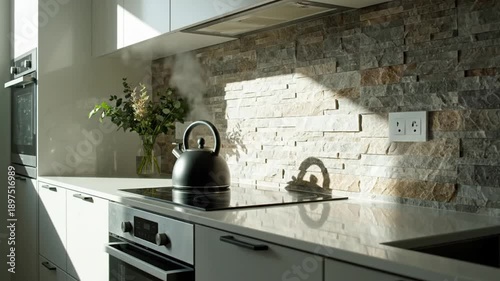 Steaming Kettle On Modern Induction Cooktop In Sunlit Kitchen