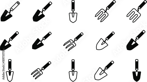 Set of 16 Black and White Gardening Tool Icons Featuring Hand Trowels and Forks in Filled and Outlined Styles for Design Use