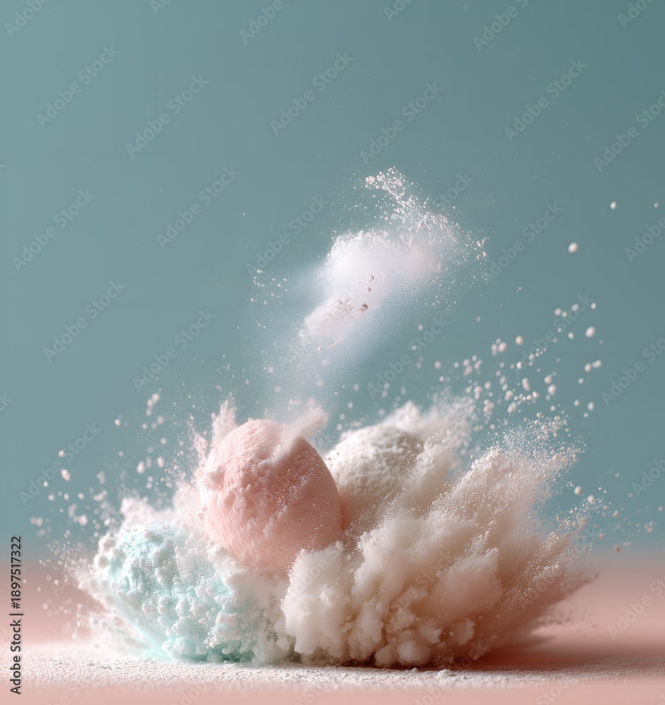 Fototapeta premium Pink Easter egg with powdered sugar falling in motion on a clean background. Ideal for creative advertising, bakery promotions, social media campaigns, and eye-catching commercial visuals